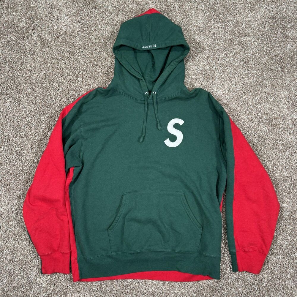 Supreme Hoodie Mens Large Green Red S Logo Colorblock Pullover Streetwear